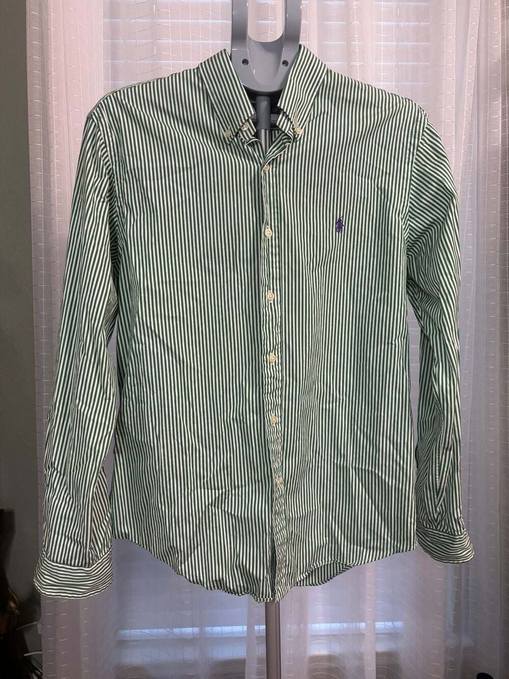 Ralph Lauren Slim Fit Button Down Shirt Green White Striped Size L/G